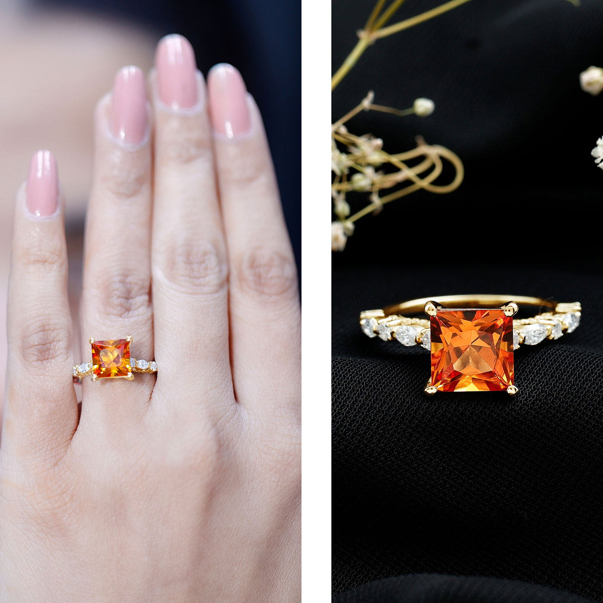 2.75 Carat Lab Grown Orange Sapphire Princess Cut Engagement Ring with Side Stones
