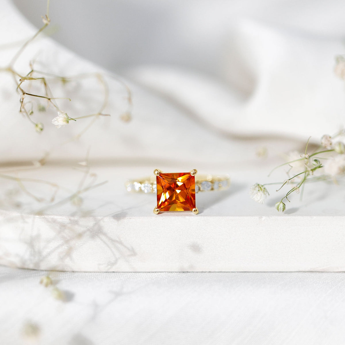2.75 Carat Lab Grown Orange Sapphire Princess Cut Engagement Ring with Side Stones