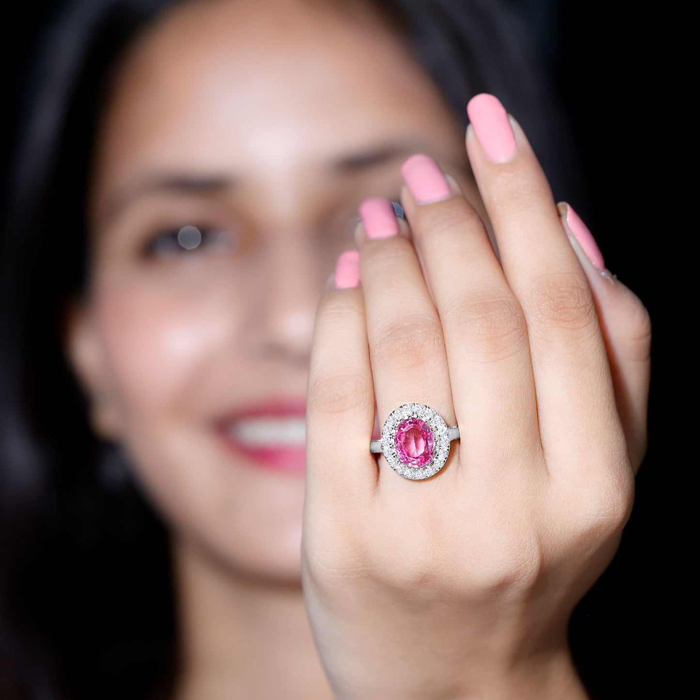 4 Carat Lab Grown Pink Sapphire Cocktail Engagement Ring with Diamond Halo