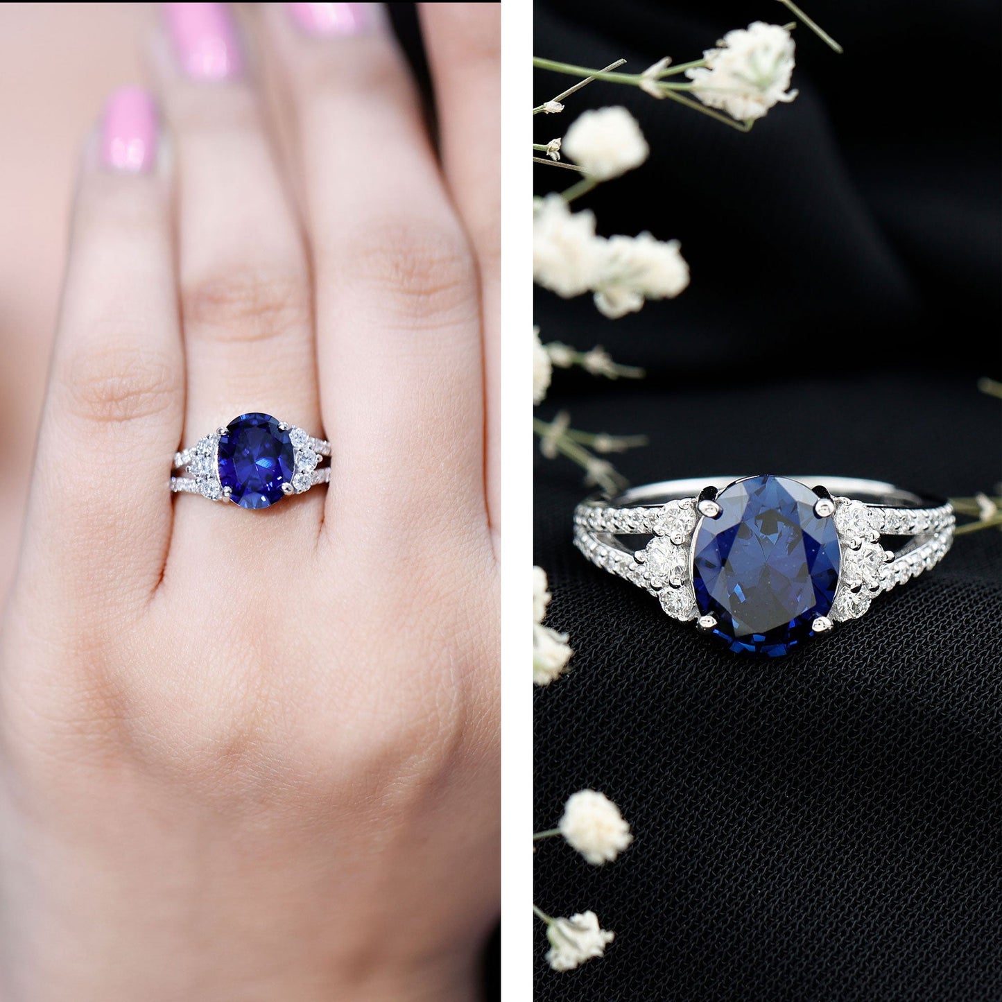 Certified 4 Carat Lab Grown Blue Sapphire Oval Engagement Ring with Diamond Split Shank