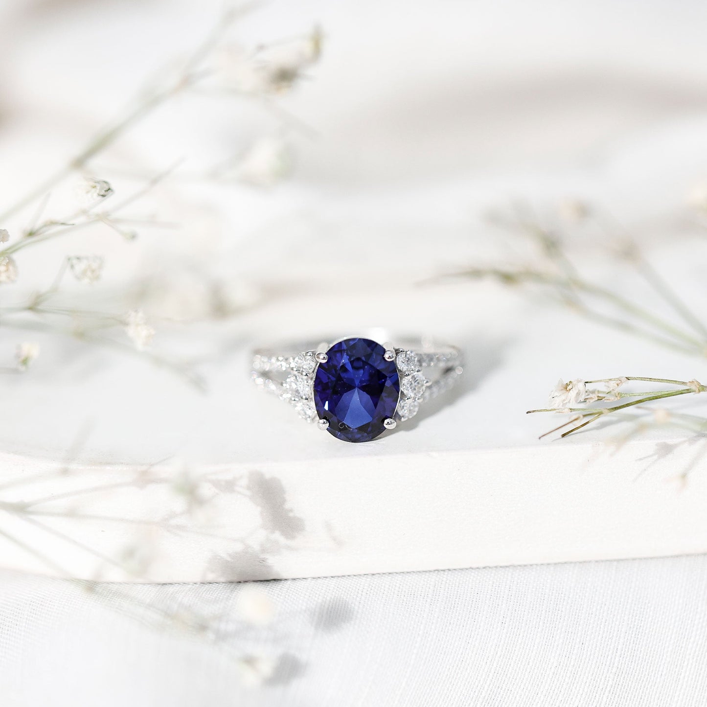 Certified 4 Carat Lab Grown Blue Sapphire Oval Engagement Ring with Diamond Split Shank
