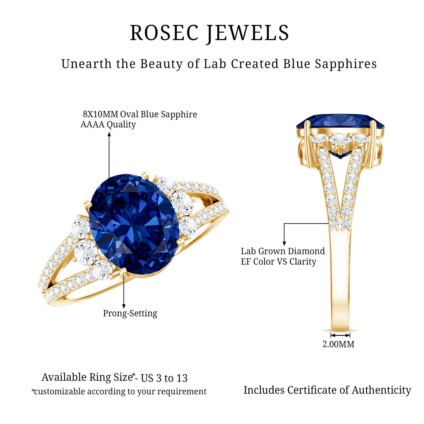 Certified 4 Carat Lab Grown Blue Sapphire Oval Engagement Ring with Diamond Split Shank