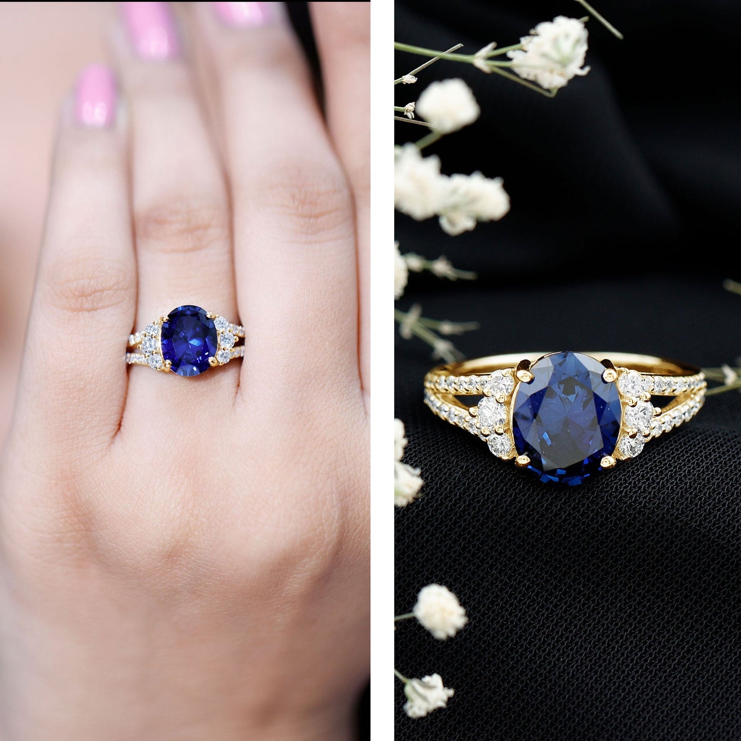 Certified 4 Carat Lab Grown Blue Sapphire Oval Engagement Ring with Diamond Split Shank