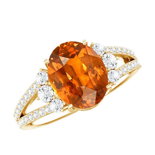 4 Carat Oval Lab Grown Orange Sapphire Engagement Ring with Diamond Split Shank