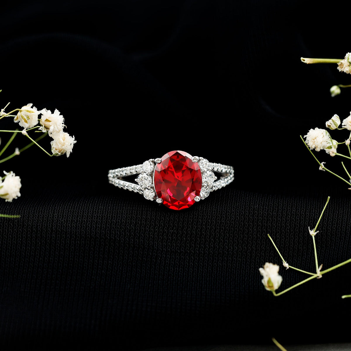 Certified 4 Carat Lab Grown Ruby Oval Engagement Ring With Diamond