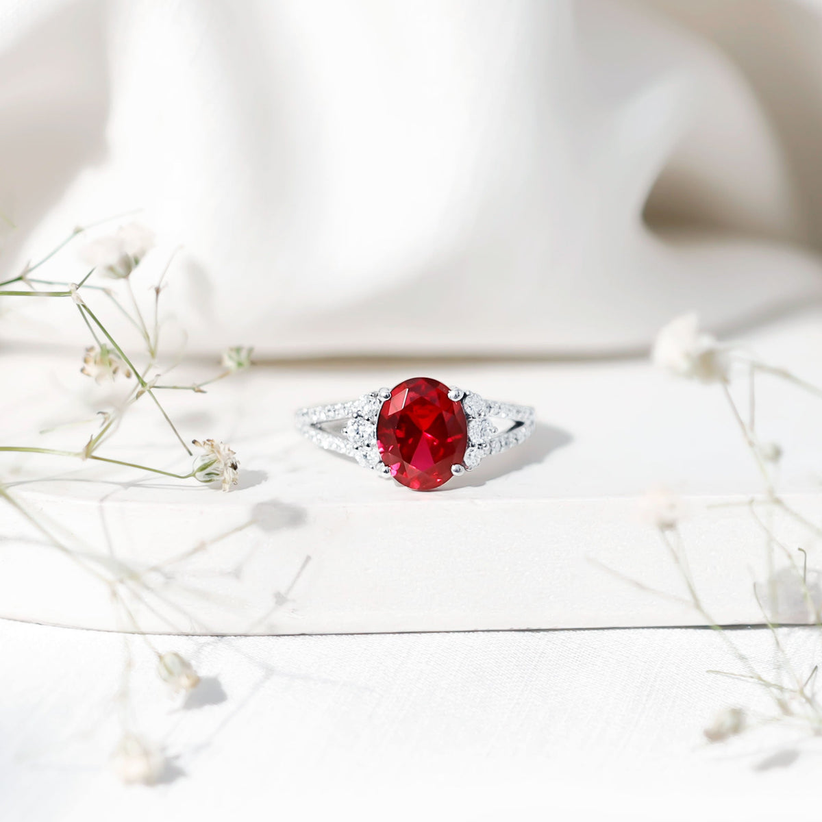 Certified 4 Carat Lab Grown Ruby Oval Engagement Ring With Diamond