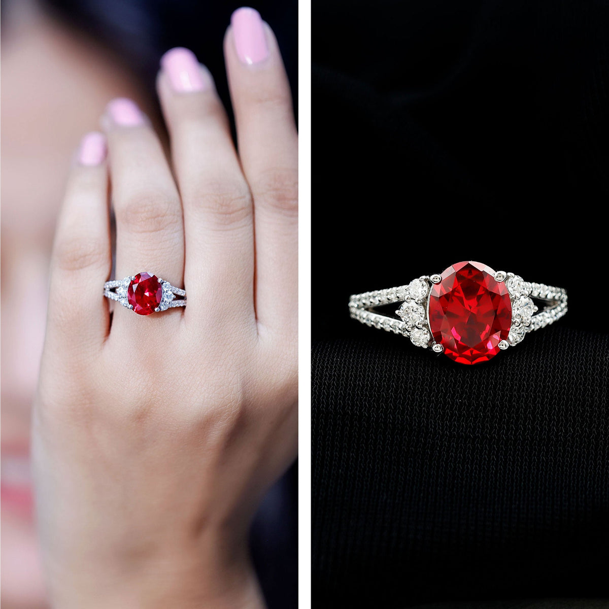 Certified 4 Carat Lab Grown Ruby Oval Engagement Ring With Diamond