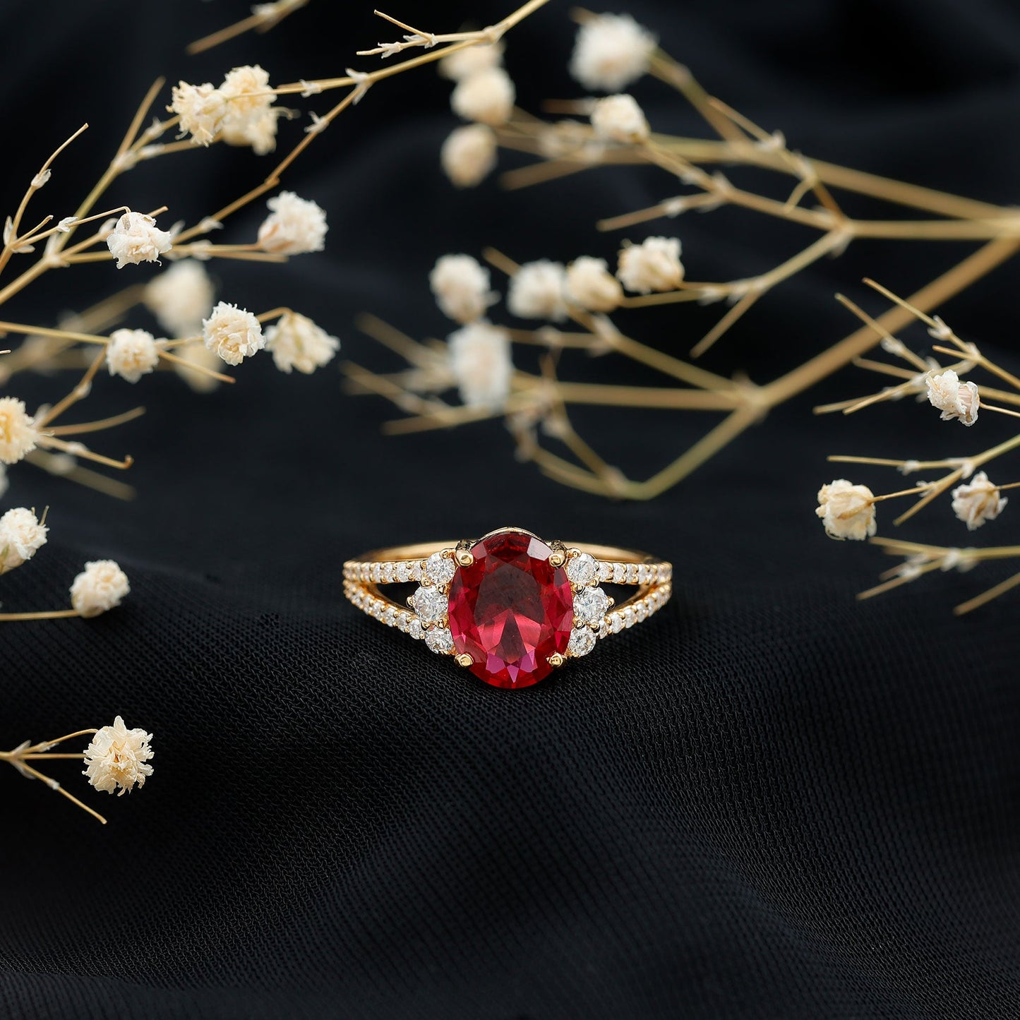 Certified 4 Carat Lab Grown Ruby Oval Engagement Ring With Diamond