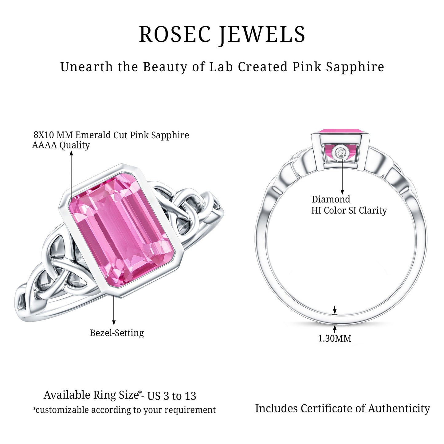 2.7 carat Emerald Cut Lab Created Pink Sapphire Celtic Engagement Ring