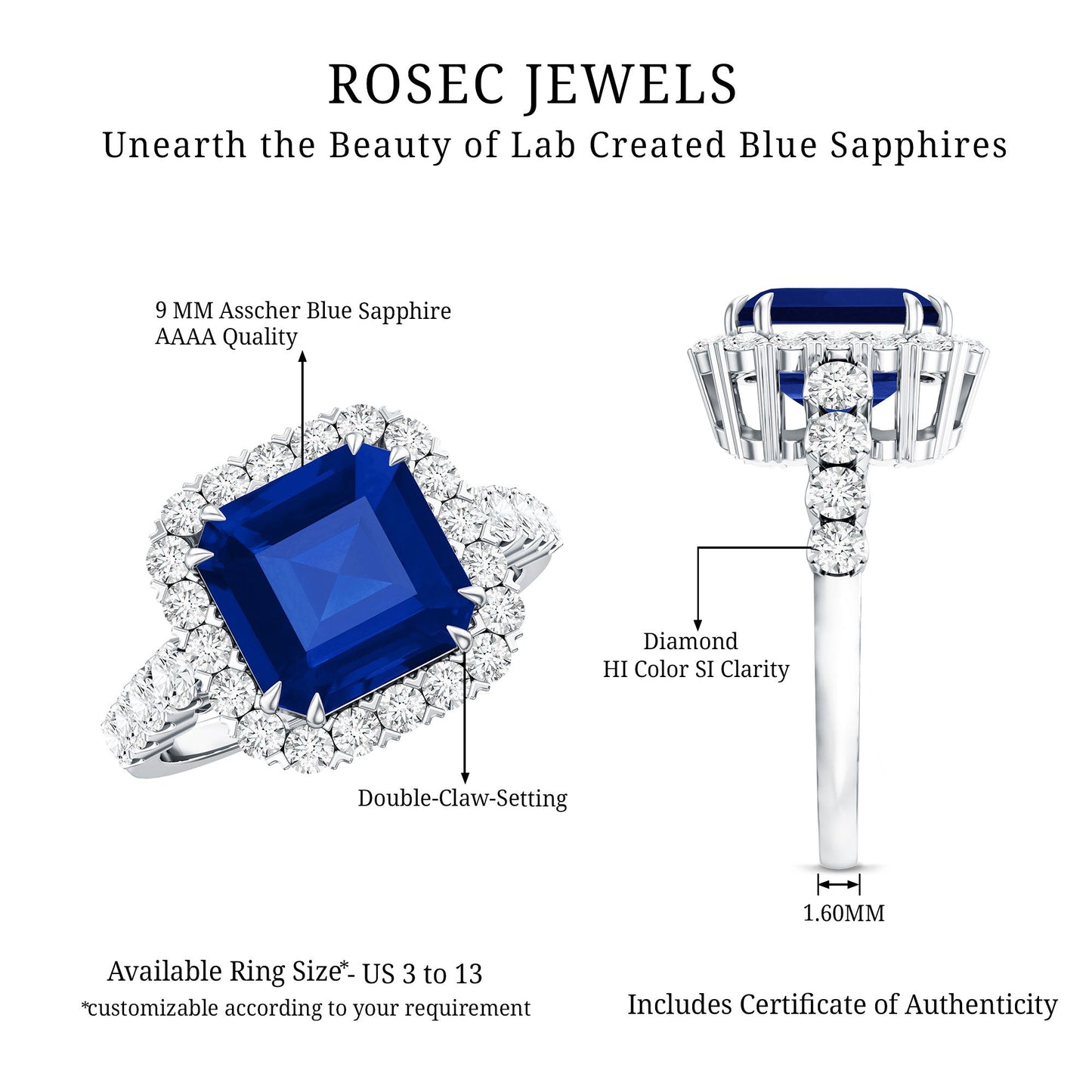 Certified 6.75 Carat Asscher Cut Lab Grown Blue Sapphire Engagement Ring with Diamond Halo