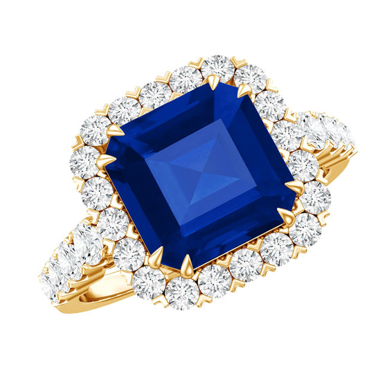 Certified 6.75 Carat Asscher Cut Lab Grown Blue Sapphire Engagement Ring with Diamond Halo