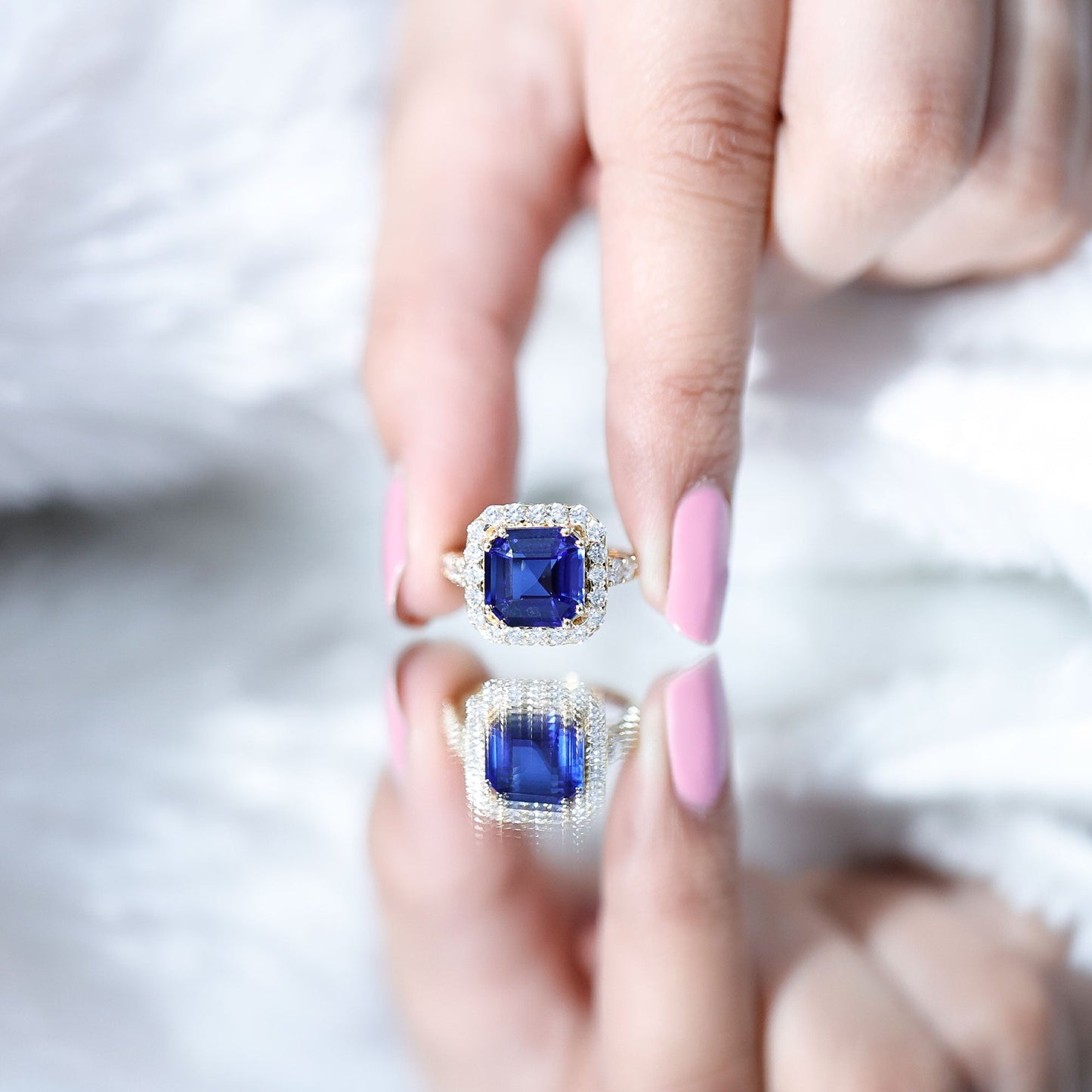 Certified 6.75 Carat Asscher Cut Lab Grown Blue Sapphire Engagement Ring with Diamond Halo