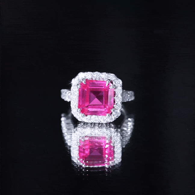 Certified 6.75 Carat Lab Grown Pink Sapphire Asscher Cut Engagement Ring with Halo