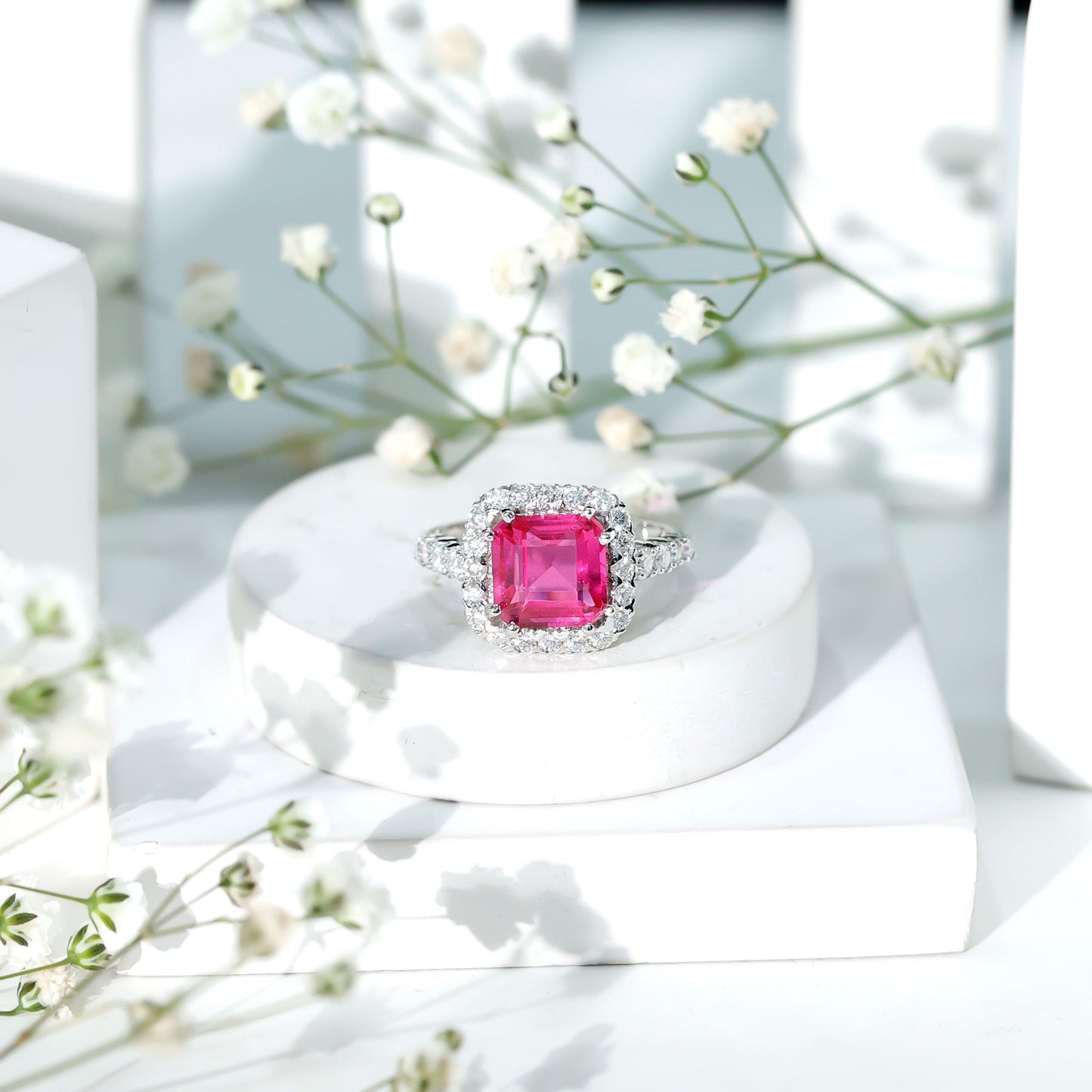 Certified 6.75 Carat Lab Grown Pink Sapphire Asscher Cut Engagement Ring with Halo