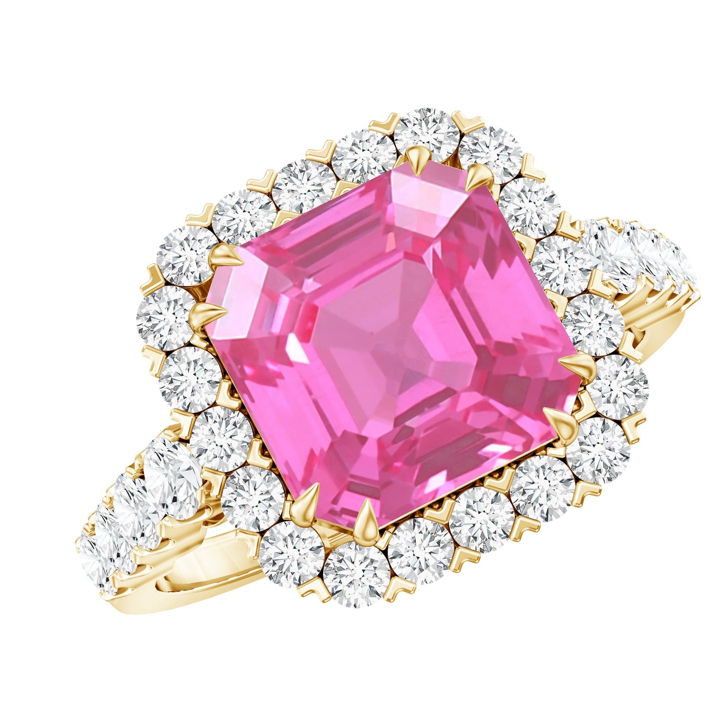 6.75 Carat Lab Grown Pink Sapphire Asscher Cut Engagement Ring with Moissanite Halo