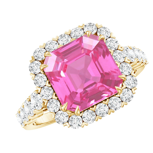 6.75 Carat Lab Grown Pink Sapphire Asscher Cut Engagement Ring with Moissanite Halo
