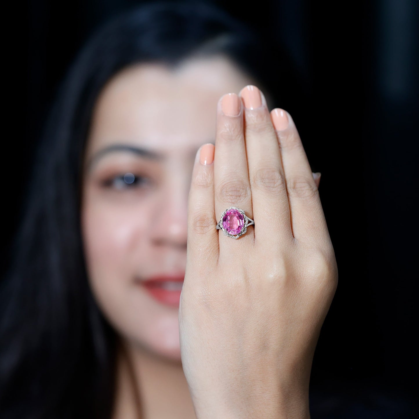 Oval Lab Created Pink Sapphire Huge Engagement Ring with Diamond