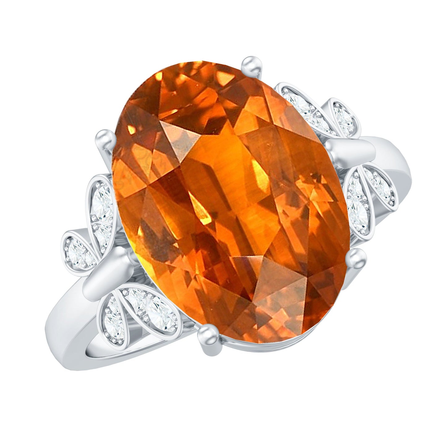 6 Carat Lab Grown Orange Sapphire Oval Engagement Ring with Diamond Butterfly