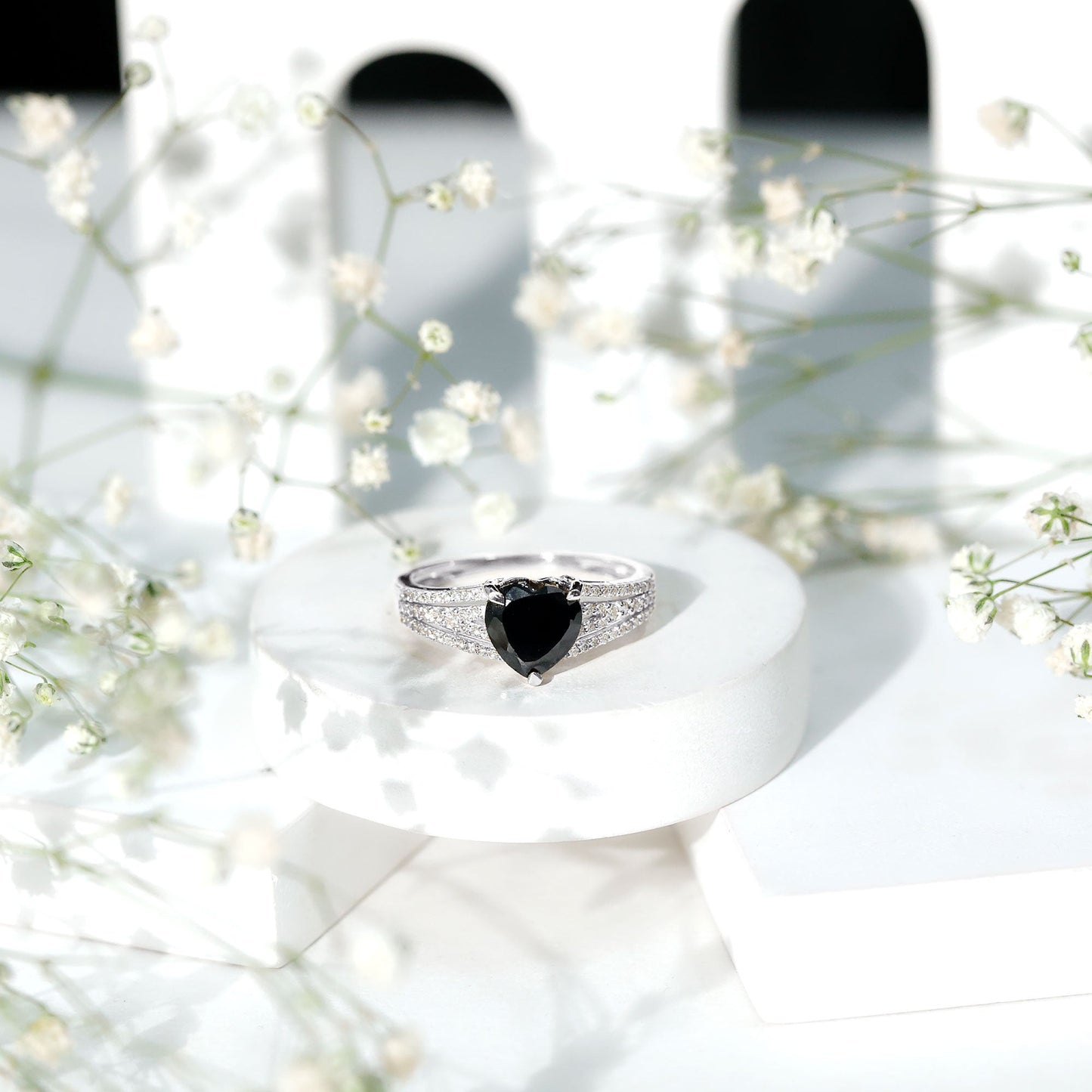 Certified 2.4 Carat Lab Grown Black Diamond Heart Engagement Ring with White Diamond Split Shank
