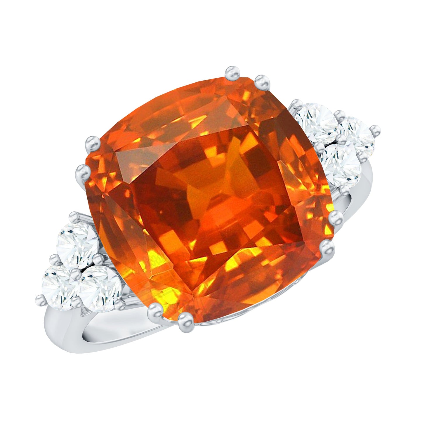 9 Carat Lab Grown Orange Sapphire Cushion Cut Engagement Ring with Diamond Trio