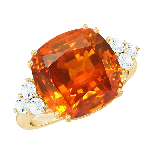9 Carat Lab Grown Orange Sapphire Cushion Cut Engagement Ring with Diamond Trio