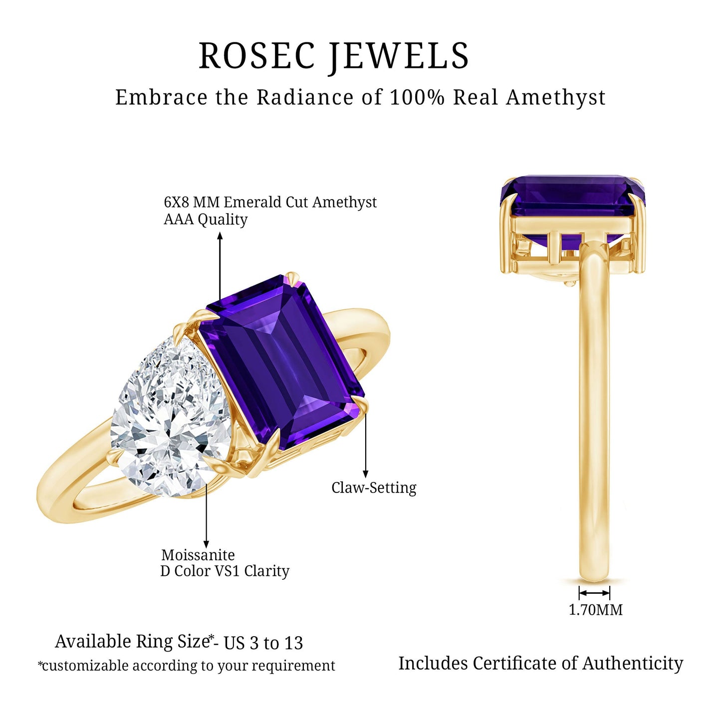 Certified Real Amethyst Toi Et Moi Engagement Ring with Moissanite