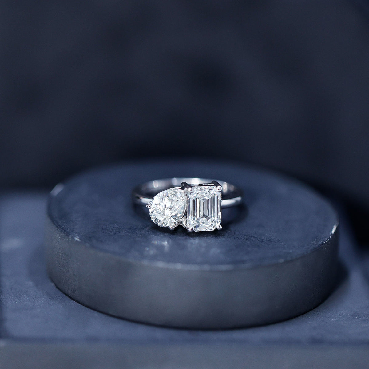 Pear and Emerald Cut Moissanite Toi Et Moi Engagement Ring