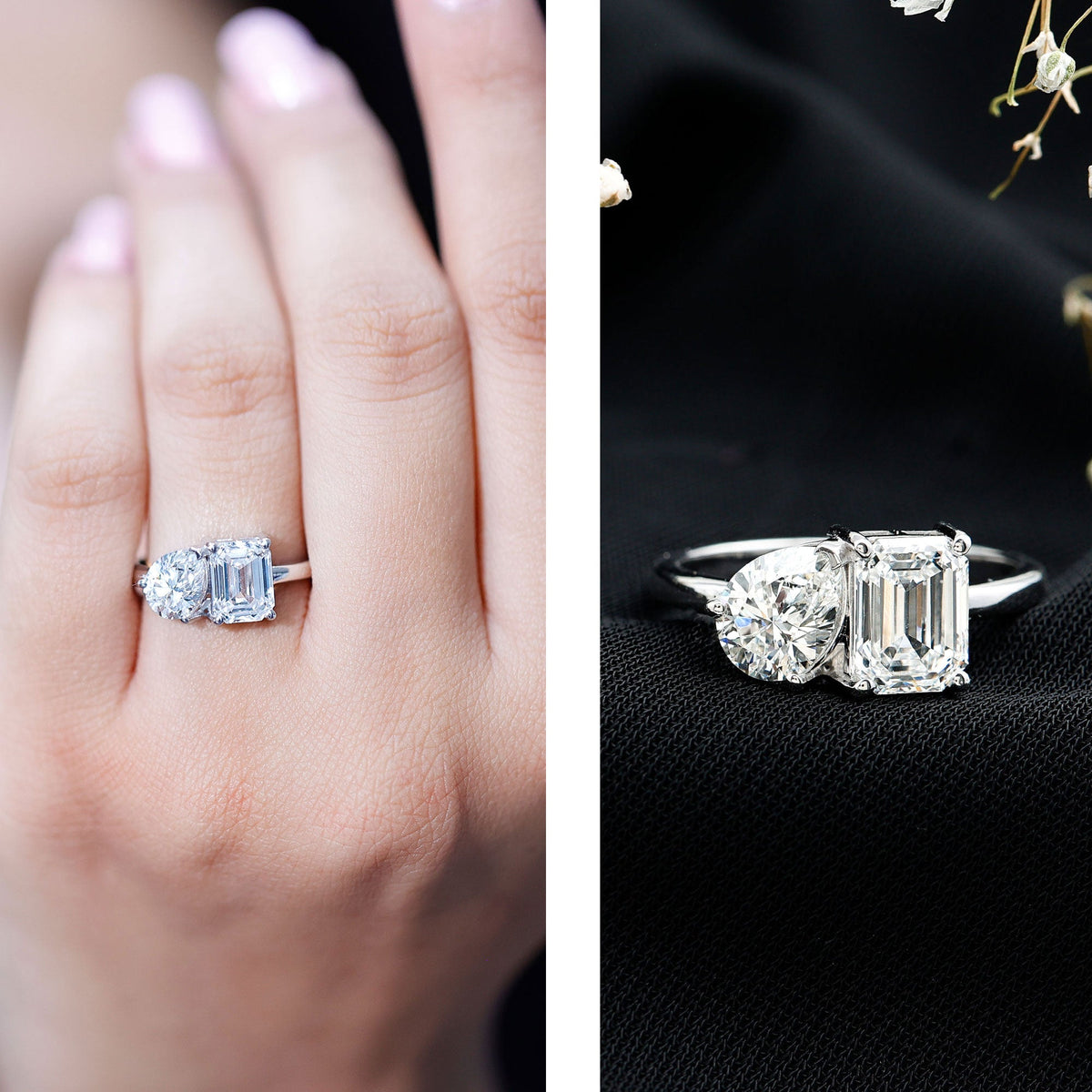 Pear and Emerald Cut Moissanite Toi Et Moi Engagement Ring