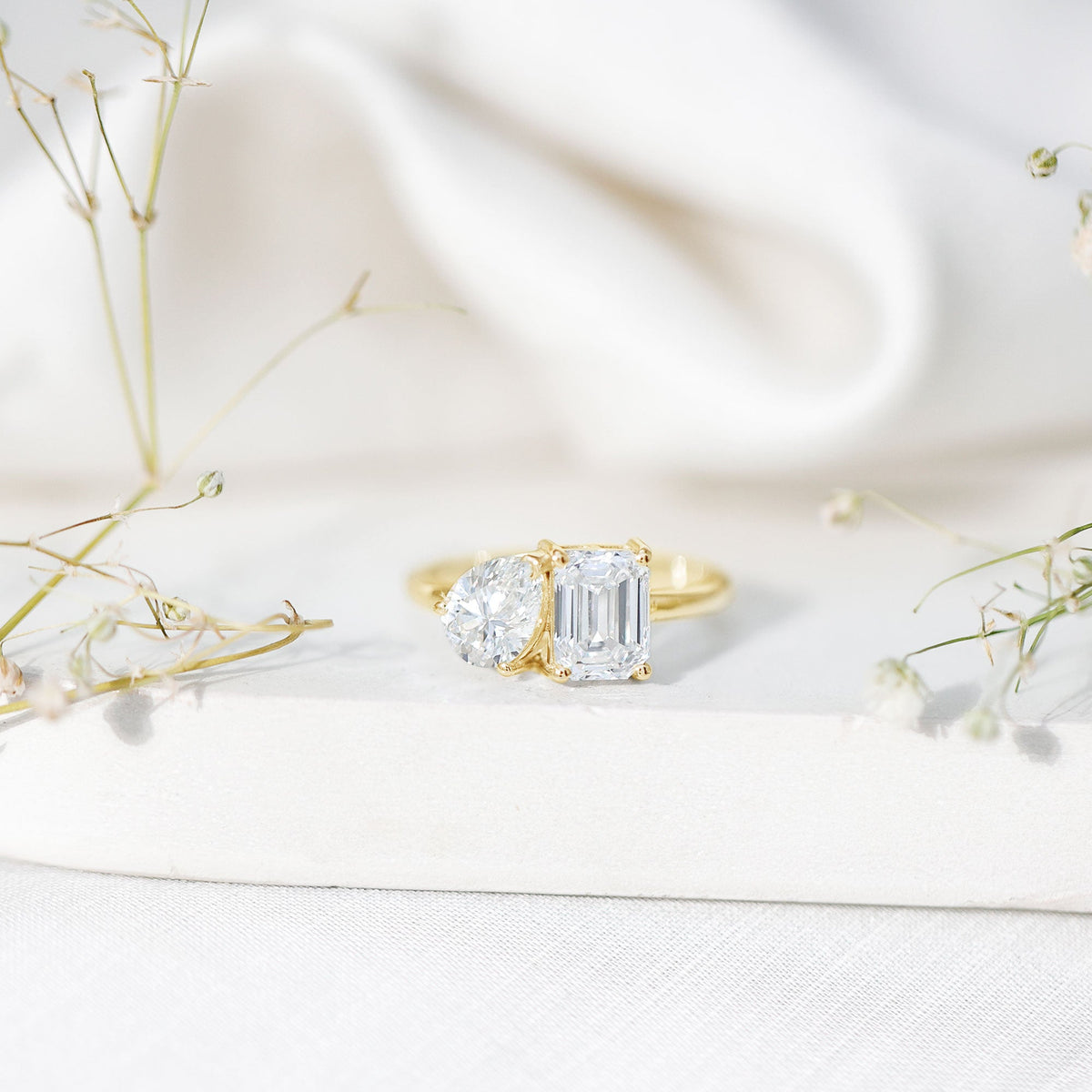 Pear and Emerald Cut Moissanite Toi Et Moi Engagement Ring