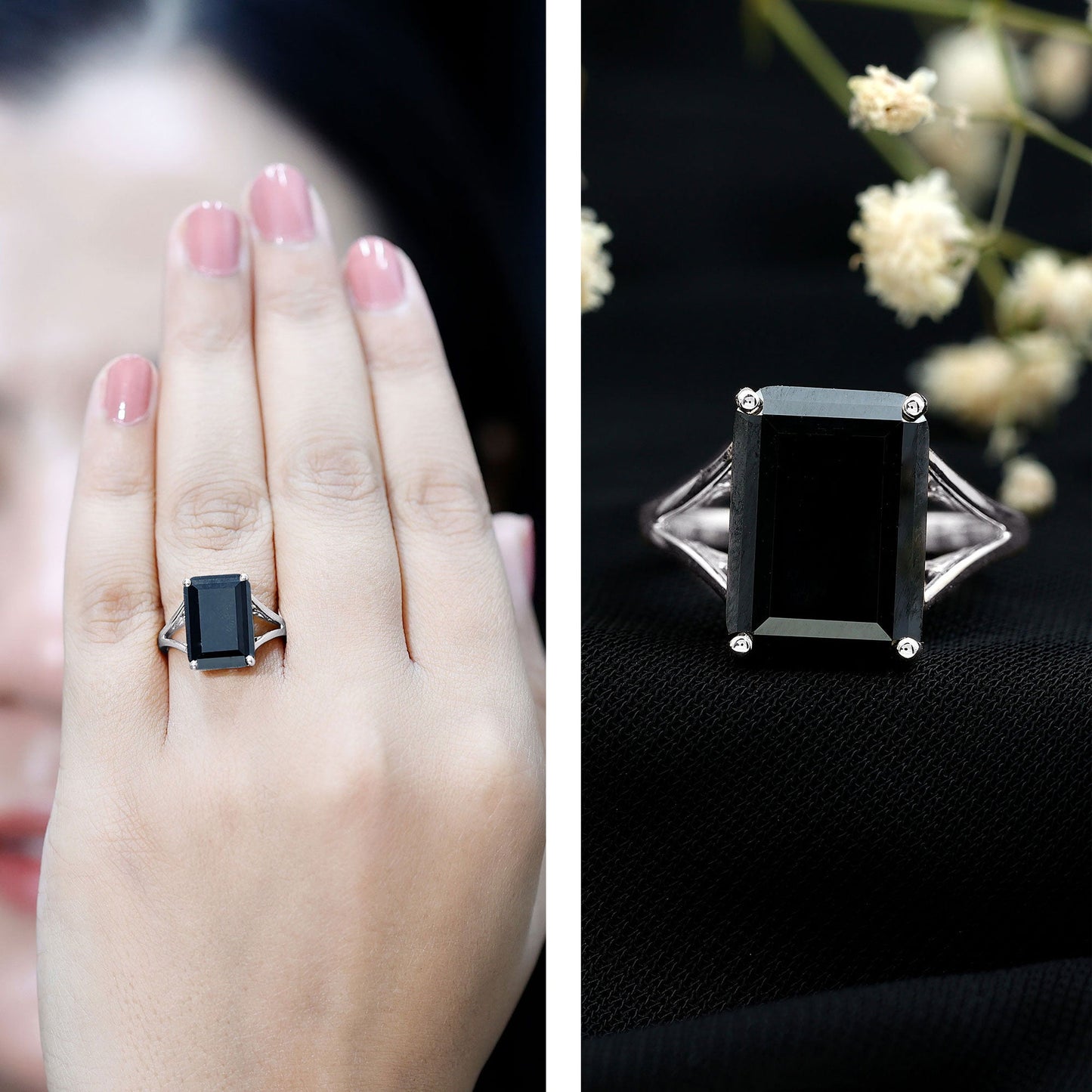 9 Carat Solitaire Lab Grown Black Diamond Emerald Cut Engagement Ring