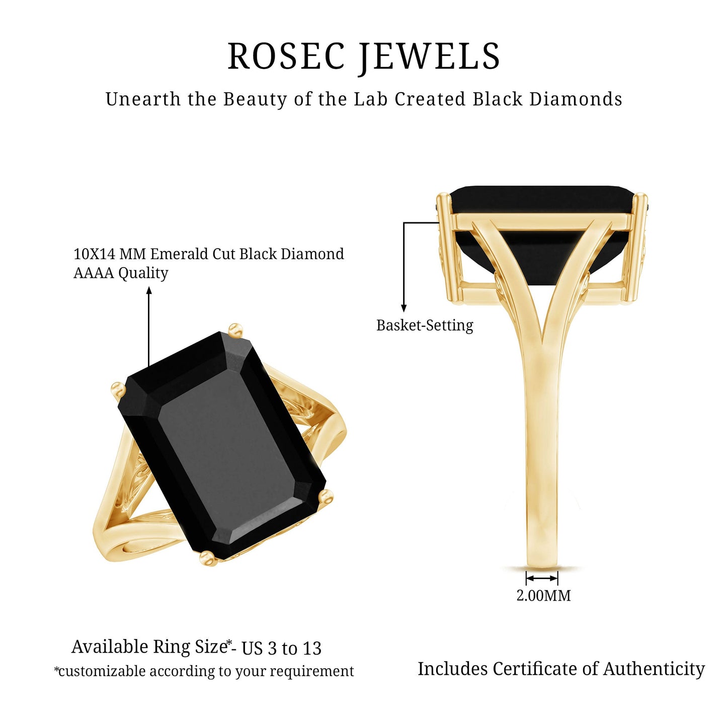9 Carat Solitaire Lab Grown Black Diamond Emerald Cut Engagement Ring