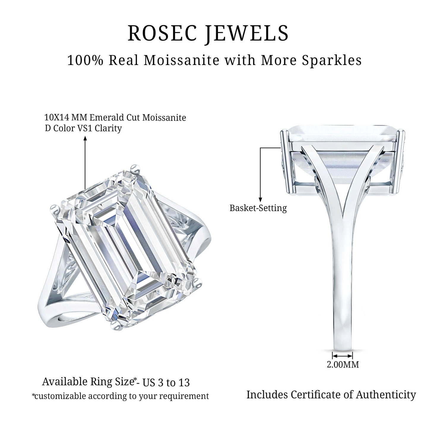 Certified 4.5 Carat Emerald Cut Moissanite Engagement Ring for Women
