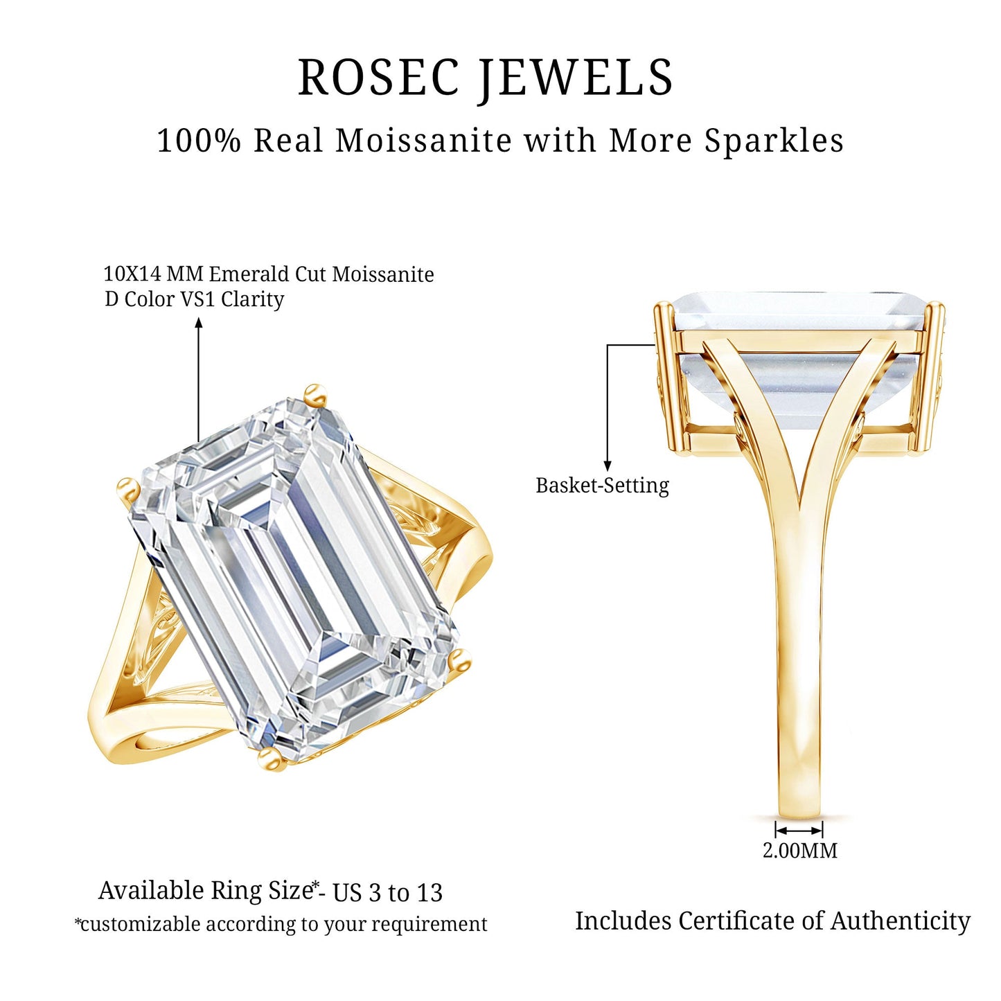Certified 4.5 Carat Emerald Cut Moissanite Engagement Ring for Women