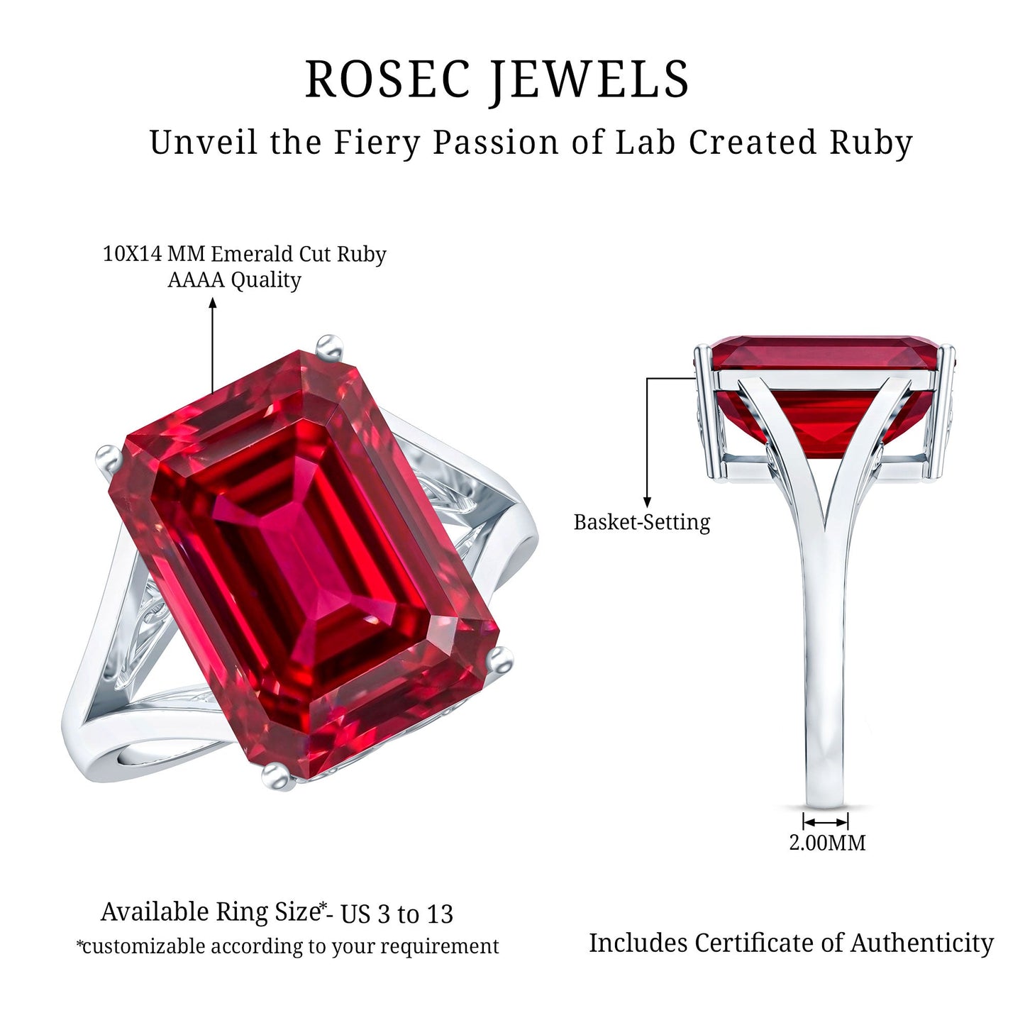 Lab Grown Ruby 5 Carat Emerald Cut Engagement Ring with Split Shank