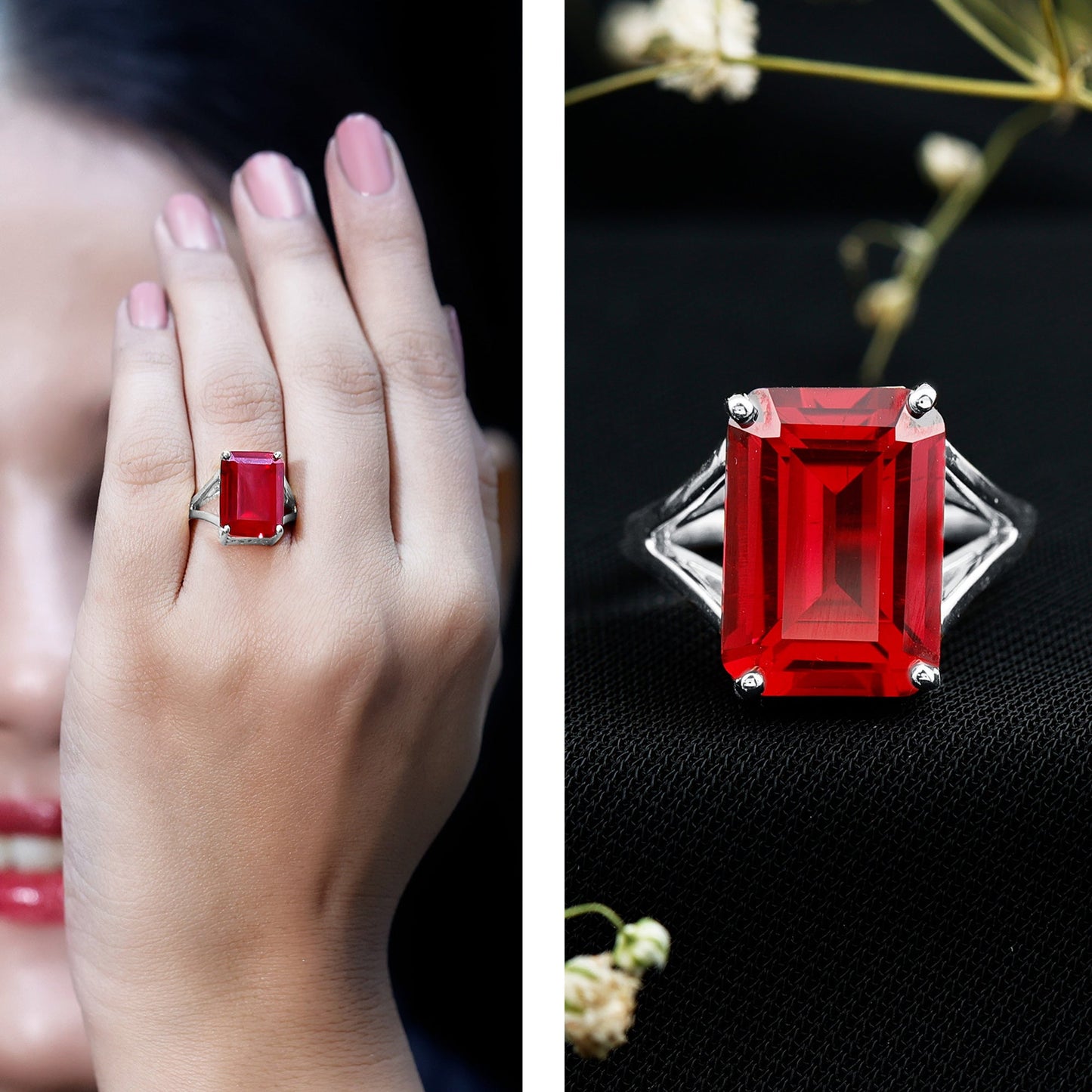 Lab Grown Ruby 5 Carat Emerald Cut Engagement Ring with Split Shank