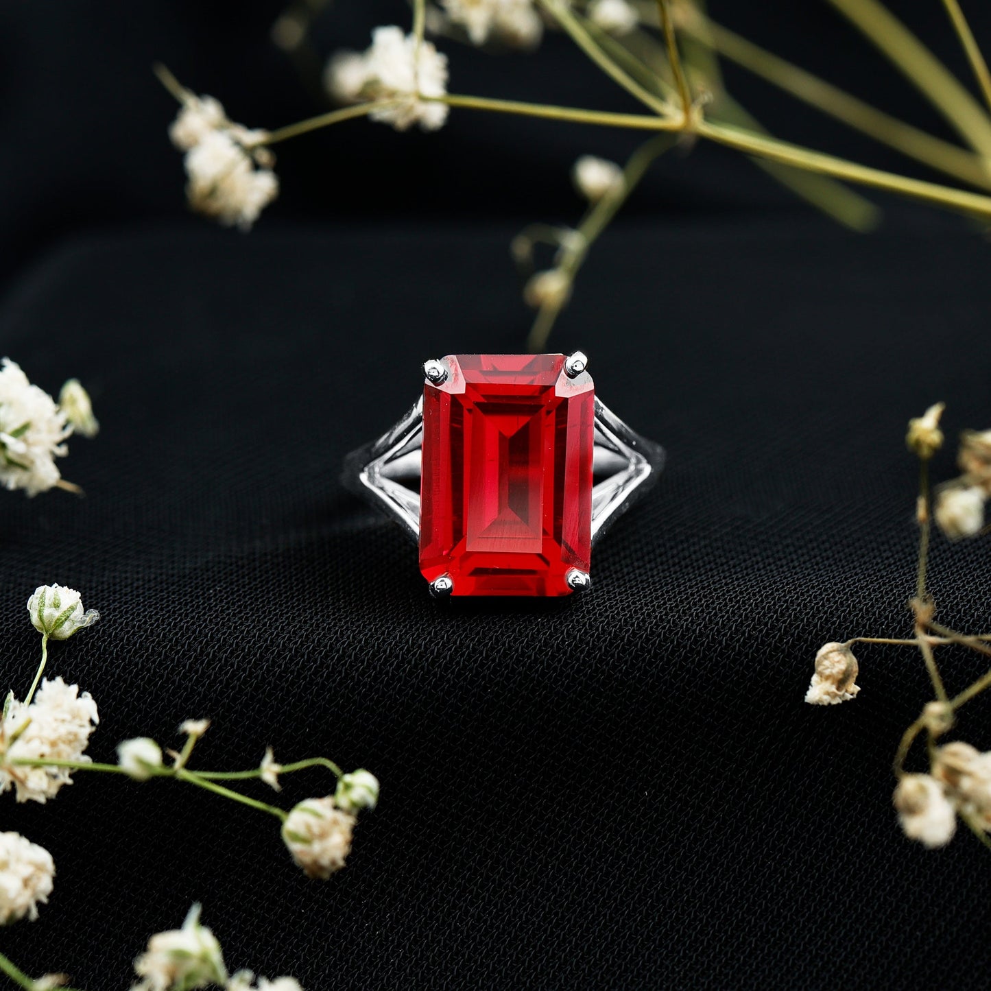 Lab Grown Ruby 5 Carat Emerald Cut Engagement Ring with Split Shank