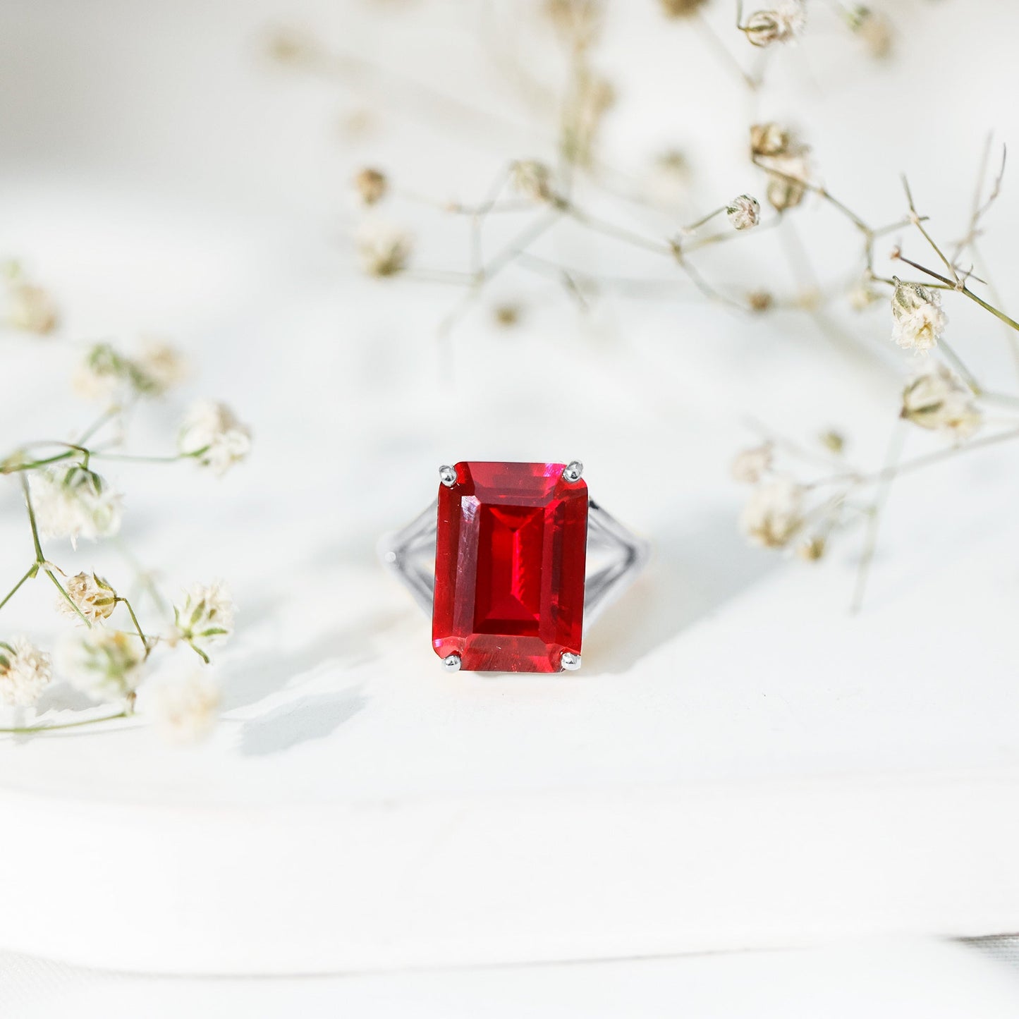 Lab Grown Ruby 5 Carat Emerald Cut Engagement Ring with Split Shank