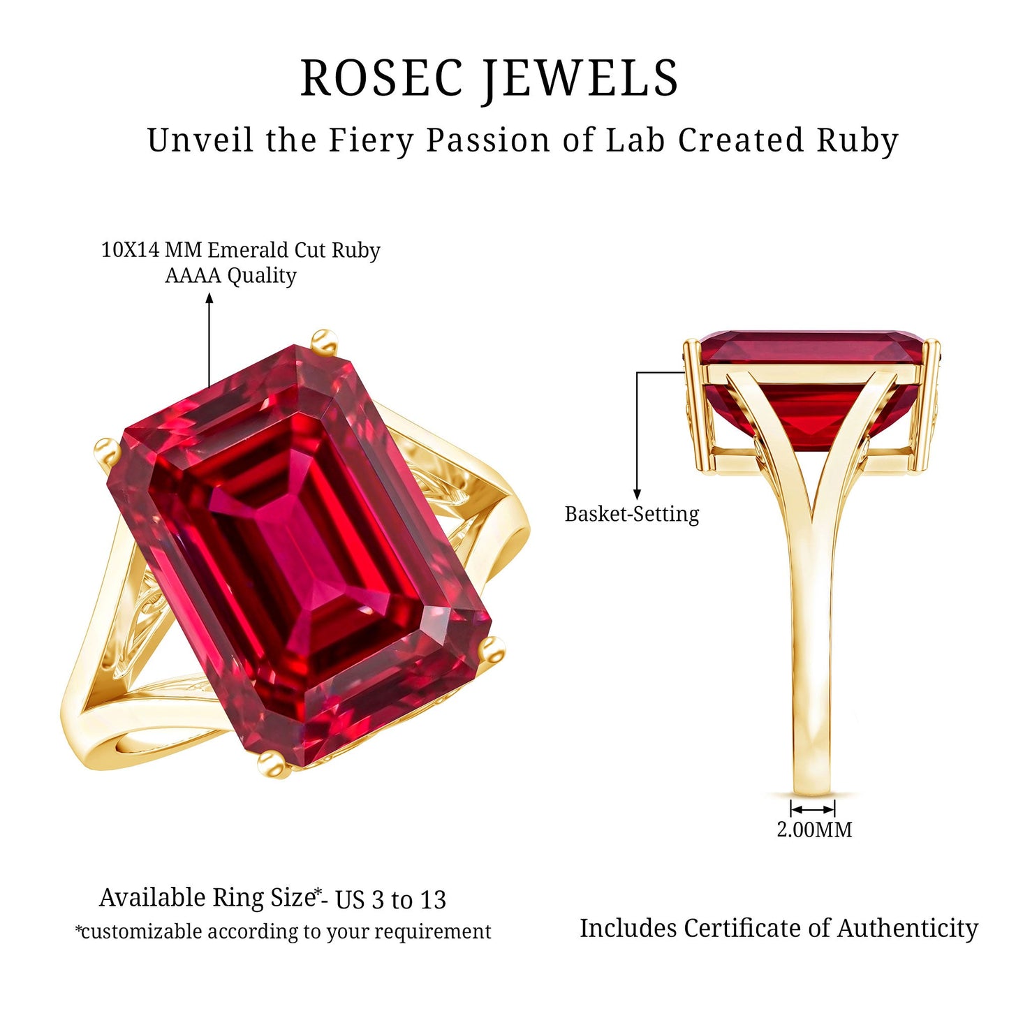 Lab Grown Ruby 5 Carat Emerald Cut Engagement Ring with Split Shank