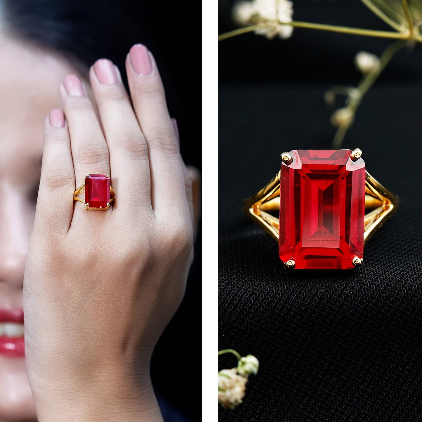 Lab Grown Ruby 5 Carat Emerald Cut Engagement Ring with Split Shank