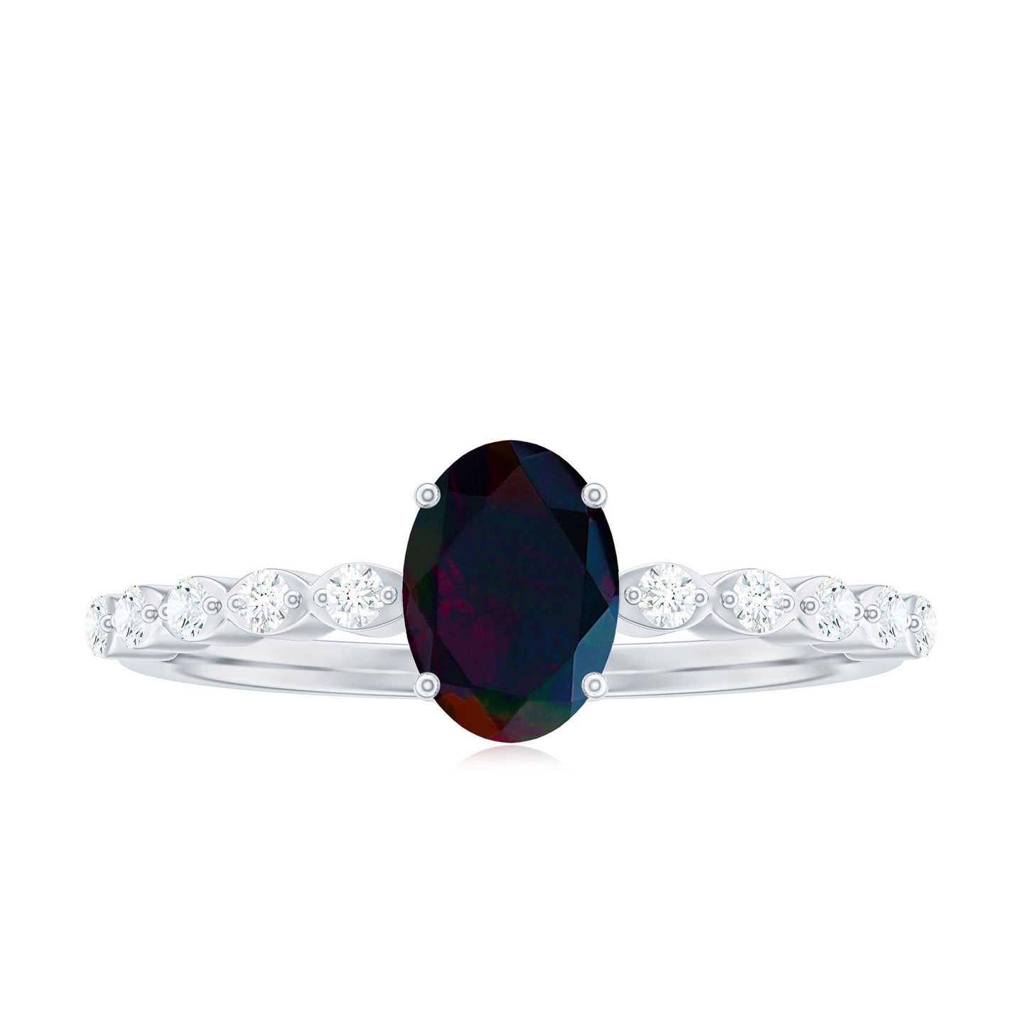Oval Black Opal Solitaire Engagement Ring with Diamond
