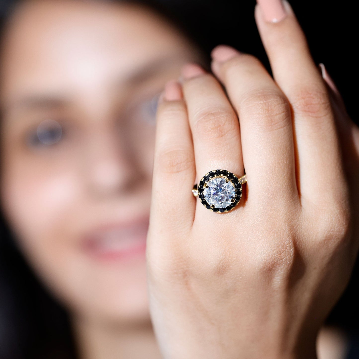 Certified 4.4 Carat Moissanite Halo Engagement Ring With Lab Black Diamond