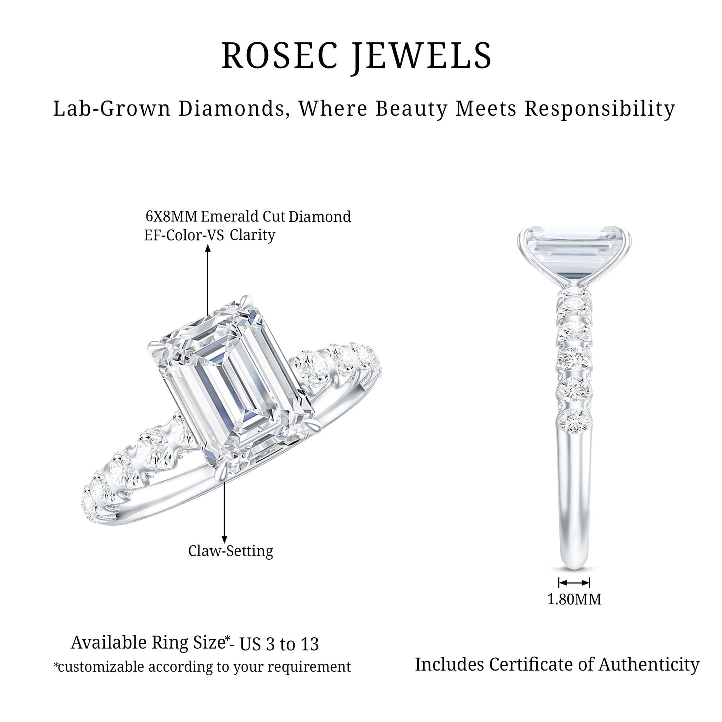 1.8 Carat Emerald Cut Lab Grown Diamond Engagement Ring with Accent