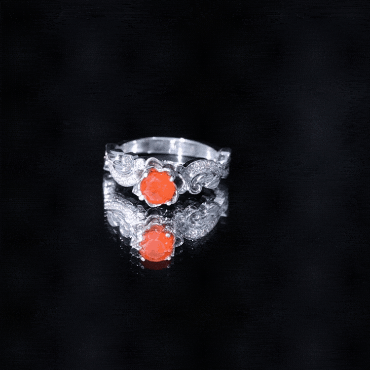 Certified Fire Opal and Diamond Rose Flower Engagement Ring