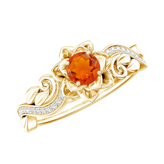 Certified Fire Opal and Diamond Rose Flower Engagement Ring