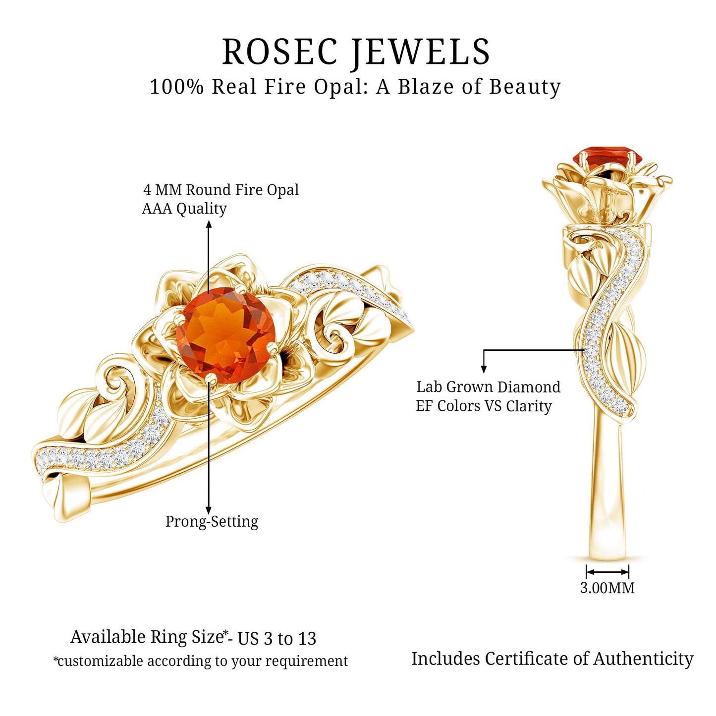 Certified Fire Opal and Diamond Rose Flower Engagement Ring