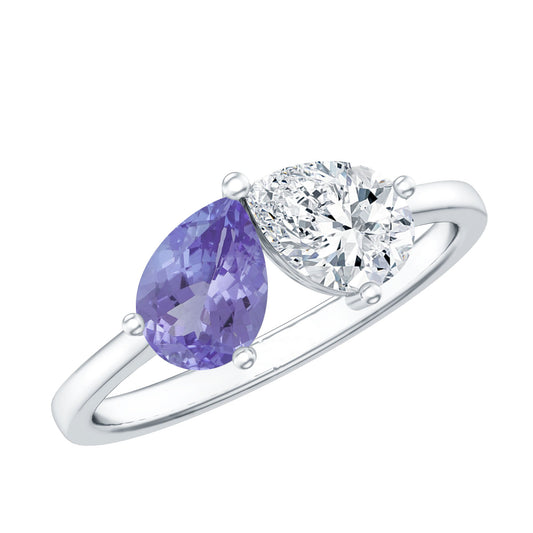 Pear Shaped Tanzanite Moissanite Two Stone Promise Ring in Silver