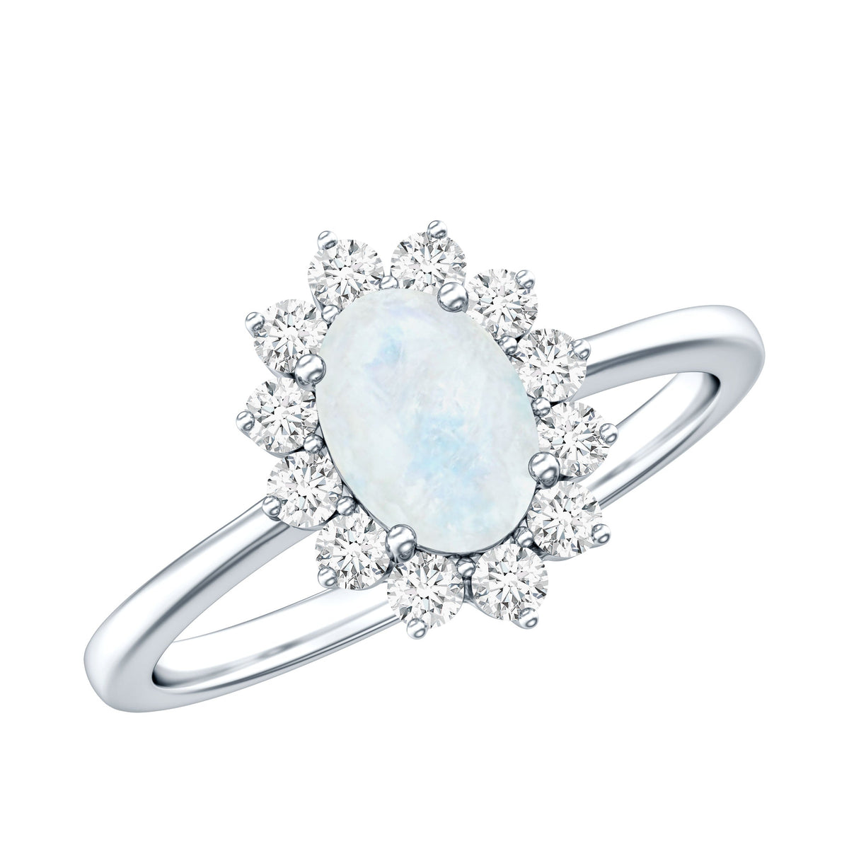 Natural 1 Carat Oval Cut Moonstone and Diamond Engagement Ring