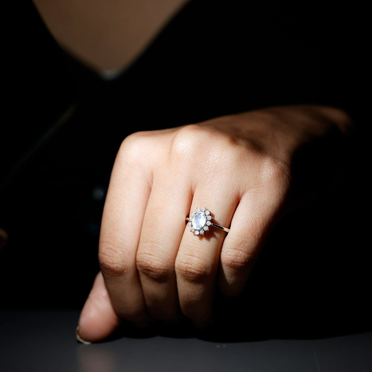 Natural 1 Carat Oval Cut Moonstone and Diamond Engagement Ring