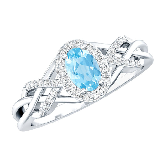 Genuine Aquamarine and Diamond Designer Engagement Ring in Silver