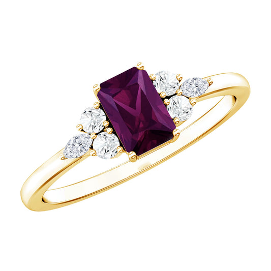 Certified Rhodolite Emerald Cut Engagement Ring with Diamond Trio